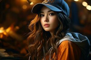 ai generativo bellissimo asiatico baseball ragazza figura nel casuale attrezzatura foto