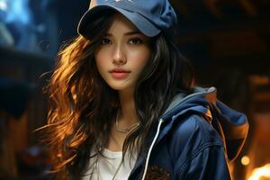 un bellissimo asiatico baseball ragazza figura nel casuale attrezzatura ai generativo foto