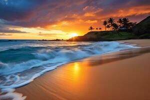 un' mozzafiato scena di un' vivace costiero tramonto ai generativo foto