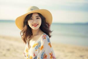 giovane asiatico donna nel estate vestito e grande Sorridi ai generativo foto