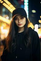 bellissimo asiatico ragazza indossare al di sopra di dimensione felpa con cappuccio nel casuale stile ai generativo foto