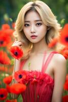 bellissimo asiatico ragazza con bionda capelli nel fiore giardino ai generativo foto