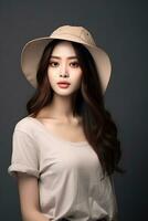 ritratto di carino fascino giovane asiatico indossare casuale attrezzatura ai generativo foto