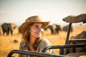 un' bellissimo femmina turista Esplorare un' savana ai generativo foto