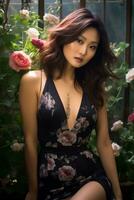bellissimo asiatico ragazza indossare sensuale vestito nel fiore giardino ai generativo foto