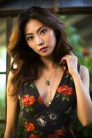 bellissimo asiatico ragazza indossare sensuale vestito nel fiore giardino ai generativo foto