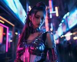 un' foto di un' ragazza nel un' illuminato al neon cyberpunk abbigliamento nel un' futuristico paesaggio urbano a notte ai generativo