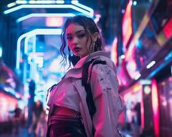 un' foto di un' ragazza nel un' illuminato al neon cyberpunk abbigliamento nel un' futuristico paesaggio urbano a notte ai generativo