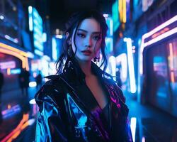 un' foto di un' ragazza nel un' illuminato al neon cyberpunk abbigliamento nel un' futuristico paesaggio urbano a notte ai generativo