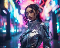 un' foto di un' ragazza nel un' illuminato al neon cyberpunk abbigliamento nel un' futuristico paesaggio urbano a notte ai generativo