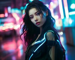 un' foto di un' ragazza nel un' illuminato al neon cyberpunk abbigliamento nel un' futuristico paesaggio urbano a notte ai generativo