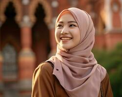 ai generativo bellissimo asiatico musulmano ragazza indossare hijab foto