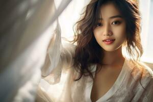asiatico ragazza trasudante sua naturale bellezza nel il presto mattina ai generativo foto