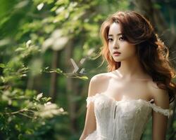 bellissimo asiatico ragazza su sposa vestito ai generativo foto