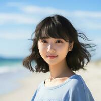 bellissimo asiatico ragazza godendo estate nel il spiaggia ai generativo foto