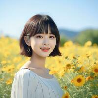 bellissimo asiatico ragazza nel fiore giardino ai generativo foto