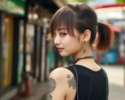 allegro coreano ragazza con tatuaggio sorridente per telecamera ai generativo foto