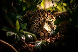 maestoso leopardo riposo sotto giungla albero ai generativo foto