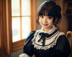 carino asiatico giovane ragazza vestito nel lolita domestica vestito ai generativo foto