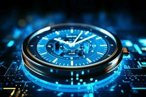 futuristico orologio viso con digitale precisione nel cronometraggio mano ai generato foto