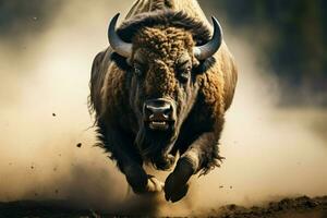 nel un' avvicinamento Visualizza, un' selvaggio bisonte galoppa con maestoso forza ai generato foto