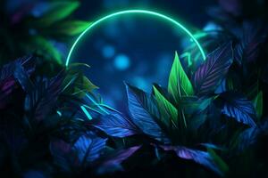 tropicale le foglie brillare sotto il incantevole splendore di blu e verde neon ai generato foto