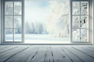 inverno paesaggio incorniciato di un' bianca di legno finestra, tranquillo e sereno ai generato foto