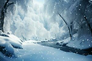 un' nevoso e brina coperto foresta le forme un' tranquillo inverno sfondo ai generato foto
