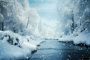 un' nevoso e brina coperto foresta le forme un' tranquillo inverno sfondo ai generato foto
