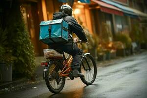 trasporto cibo su un' bicicletta, un' elmetto consegna mans missione ai generato foto