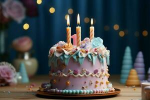 vivace 1 ° anno torta, impostato contro pastello sfondo, compleanno gioia brilla ai generato foto