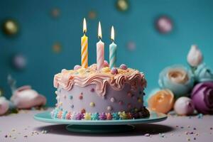 vivace 1 ° anno torta, impostato contro pastello sfondo, compleanno gioia brilla ai generato foto