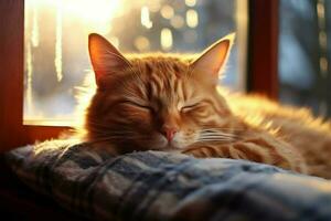 caldo e accogliente, un' Zenzero gatto pacificamente dorme su il davanzale ai generato foto