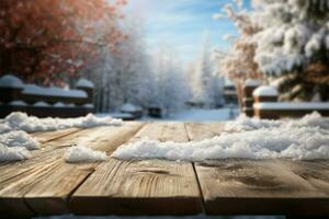 inverni la tranquillità di legno tavolo ornato con neve, in attesa occupanti ai generato foto