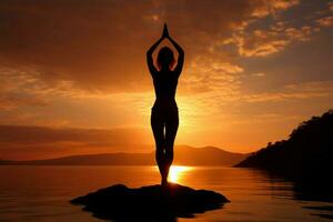 un' travolgente silhouette yoga appassionato nel un' sereno mattina pratica ai generato foto