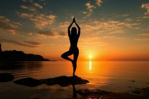 yoga di il mare un' ragazza esegue un elegante spiaggia asana ai generato foto