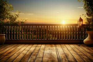 artistico ambiance legna pannello, toscana balcone, e d'oro tramonto splendore ai generato foto