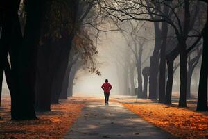 in mezzo autunno nebbia, un' dedito corridore abbraccia il sereno parco ai generato foto