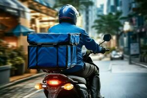 blu in uniforme ciclista consegna cibo o pacchi efficiente su un' motociclo ai generato foto