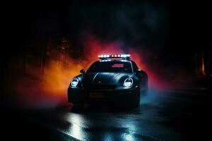 911 polizia risposta auto ricerca nel il nebbioso notte fondale ai generato foto