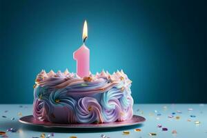 luminosa pastello ambientazione, un' solitario 1 ° anno torta celebra un' compleanno ai generato foto