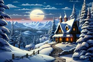 affascinante inverno paesaggio con un' accogliente Casa in mezzo il neve ai generato foto