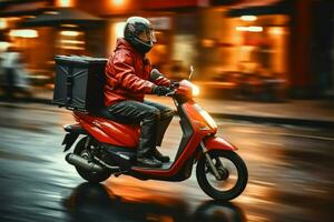 Corriere su un' moto scooter, garantendo veloce cibo consegne ai generato foto