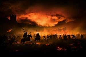 epico medievale battaglia, staglia cavalleria e fanteria scontro nel il notte ai generato foto