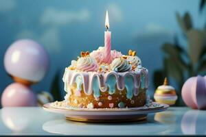 isolato pastello scena, 1 ° anno torta sta in piedi, colorato compleanno diletto ai generato foto