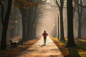 jogger persevera attraverso nebbioso autunno parco su un' tranquillo mattina ai generato foto