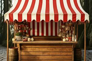 un' rustico mercato stalla con un' tradizionale rosso bianca a strisce baldacchino ai generato foto