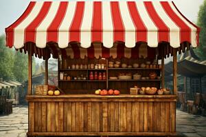 un' rustico mercato stalla con un' tradizionale rosso bianca a strisce baldacchino ai generato foto