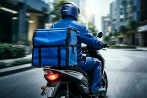 motociclo consegna blu rivestito Corriere trasporti pacchi con velocità e efficienza ai generato foto