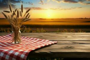 rurale fascino di legno tavolo contro Grano campo a tramonto, ideale per viene visualizzato ai generato foto